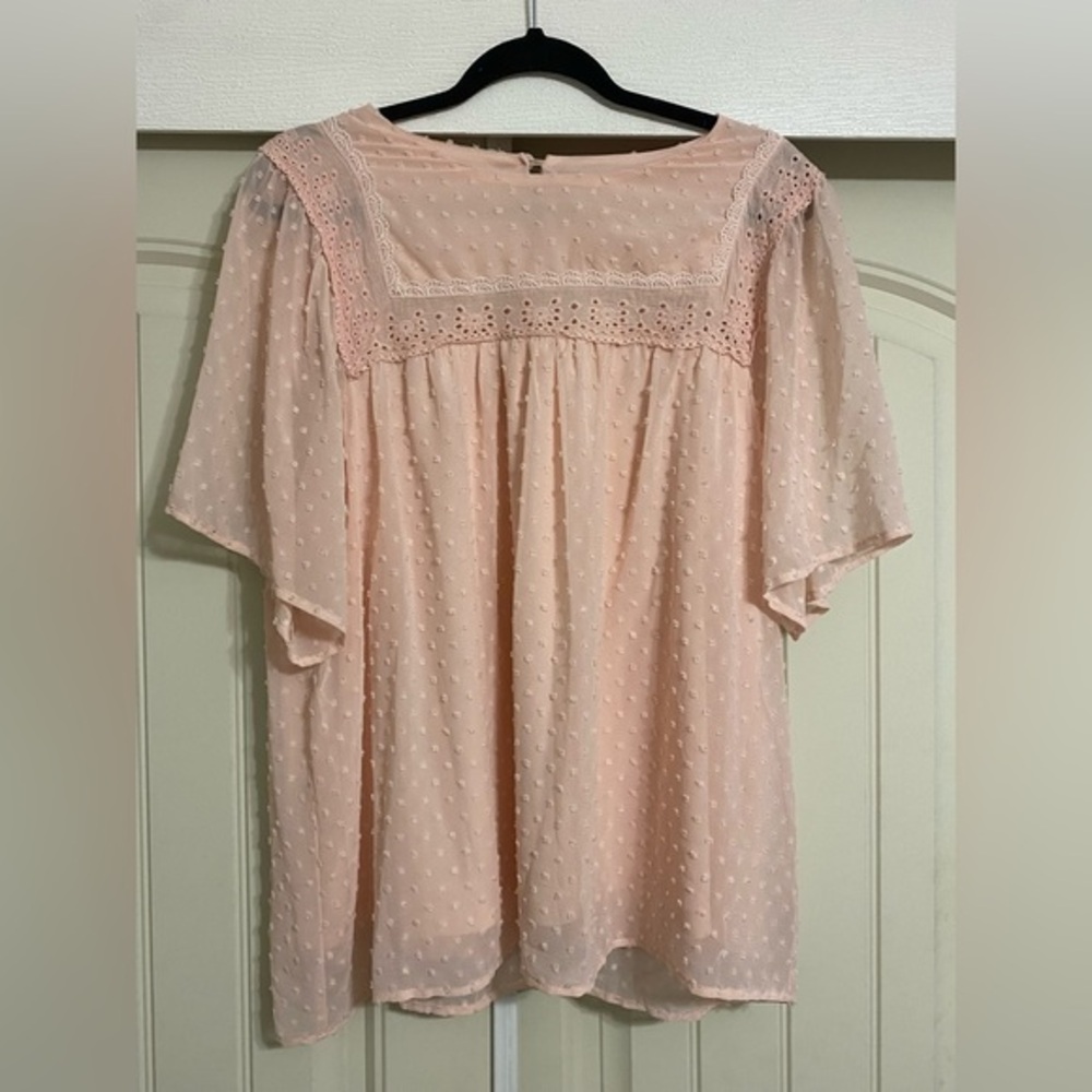 Unbranded Swiss Dot Blouse Women XL Pink Excellent Eyelet Lace Flutter Sleeve